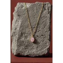 Pembe Kuvars Taşlı Minimal Gümüş Kadın Kolye Altın Rengi