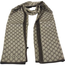 Gucci Vual Ipek Şal Logo Desen Kahve Krem