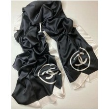 Chanel C Desen Vual Ipek Şal Ortası Boş Kırık Beyaz Siyah