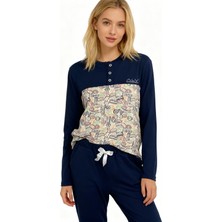 Bonbon Kadın Pamuklu Lacivert - Desenli Renk Pijama Takımı AL501 V2