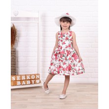 Kidello Kırmızı Rosella Kız Çocuk Elbise Gül Baskılı Şapkalı 1-6 Yaş Pamuk Astar Yazlık