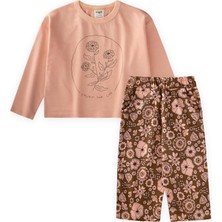 Cigit Uzun Kollu Desenli Yüksek Bel Pantolonlu Takım 2-8 Yaş Somon