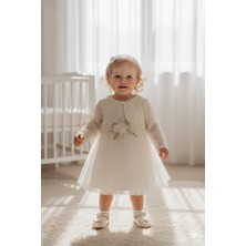 Kidello Ekru Çiçekli Kız Bebek Bolerolu Elbise Abiye Tüllü
