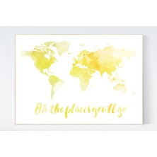 Ninastore Suluboya Dünya Haritası Baskısı: Sarı Kreş Dekoru, Seyahat Sanatı