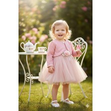 Kidello Pembe Çiçekli Kız Bebek Bolerolu Elbise Abiye Tüllü