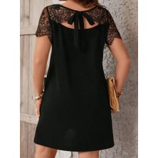 Sidelya Concept Kadın Kısa Kollu Dantel Bisiklet Yaka ve Kol Dantel Detaylı Janjan Krep Elbise