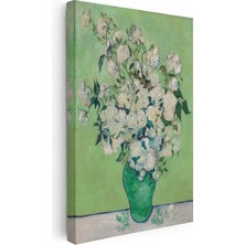 Tablofest Dikey Kanvas Tablo Vincent Van Gogh Beyaz Güller ve Yeşil Vazo Zemin Ressam Tablosu Ev Ofis Dekoru