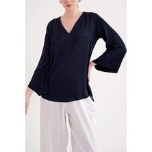 Societa Lacivert V yaka saten bluz 19828