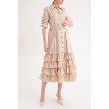 Societa Bej Fırfırlı uzun gömlek elbise 93979