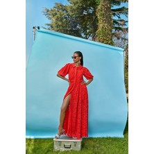 Societa Kırmızı Kolları büzgülü uzun dantel elbise 93513