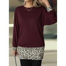 Çamaşır Kenti Kadın Uzun Kollu Bisiklet Yaka Üst Viskon Iki Iplik Alt Leopar Desenli Mini Elbise