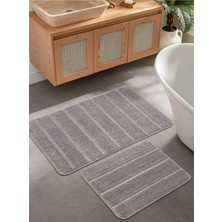 Konfor Halı Doğal Kaymaz Taban Banyo Paspas Set Yumuşak Dokulu Su Emici Yıkanabilir Yeni Çizgili Set 50X80-50X40