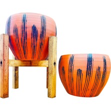Bitki Tasarımı Ev Dekorasyon Siyah Çizgi Desenli Terrakota Toprak Saksı Saksılık Salon Çiçeklik İkili Set Ayaksız - 4 Ayaklı- 15 Cm