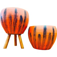 Bitki Tasarımı Ev Dekorasyon Siyah Çizgi Desenli Terrakota Toprak Saksı Saksılık Salon Çiçeklik İkili Set Ayaksız - 3 Ayaklı- 15 Cm