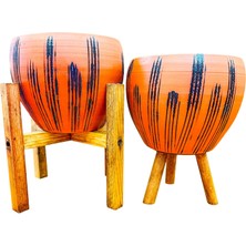 Bitki Tasarımı Ev Dekorasyon Siyah Çizgi Desenli Terrakota Toprak Saksı Saksılık Salon Çiçeklik İkili Set 3 Ayaklı- 4 Ayaklı- 15 Cm