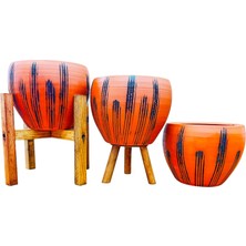 Bitki Tasarımı Ev Dekorasyon Siyah Çizgi Desenli Terrakota Toprak Saksı Saksılık Salon Çiçeklik Üçlü Set - 15 Cm