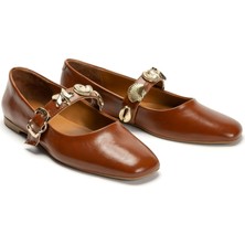 Emienza Neptune Vegan Rustik Deri Altın Toka Detaylı Bayan Babet