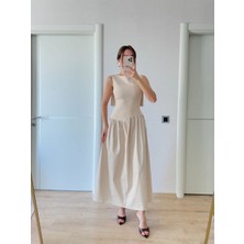 Mevese Krep Arkası Kanat Arka Ön Pens Detaylı Uzun  Kadın Elbise - Bej -