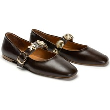 Emienza Neptune Vegan Rustik Deri Altın Toka Detaylı Bayan Babet