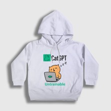 Presmono Unisex Çocuk Beyaz Cat Gpt Komik Yapay Zeka Kedi Kedili Kapüşonlu Sweatshirt