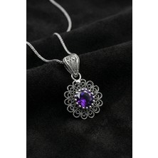 Erdobia Şubat Ametist Doğum Taşı Çiçek Motifli Telkari Gümüş Kolye