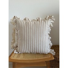 Shules Collection Yıkanmış Keten Bej Çizgili Bohem Fırfırlı Kırlent Kılıfı