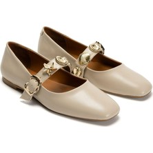 Emienza Neptune Vegan Rustik Deri Altın Toka Detaylı Bayan Babet