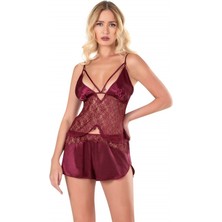 Red Womans Bordo Saten Babydoll Şort Takımı