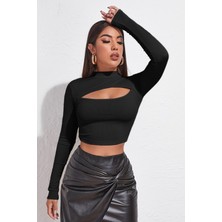 İmoda Gcm Kadın Siyah Göğüs Dekolteli Uzun Kollu Cut Out Crop Top Bluz