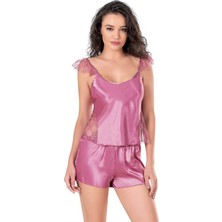 Red Womans Gül Kurusu Saten Babydoll Şort Takımı