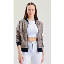 Ekose Desenli, Fermuarlı Bomber Mont - Bej & Siyah