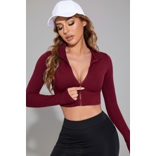 İmoda Gcm Kadın Bordo Uzun Kol Fermuarlı Parmak Geçme Detaylı Dik Yaka Crop Top Bluz