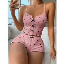 Red Womans Pembe Üstüne Siyah Kalp Desenli Askılı Şortlu Pijama Takımı