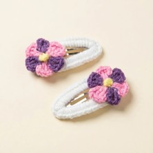 Rug Muse El Örgüsü Kız Çocuk Çıtçıt Toka Seti - Pretty Pansy - Menekşe Figürlü - Beyaz (2'li Paket)