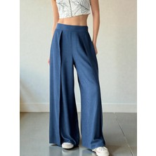 Retrobird Yırtmaç Detaylı Mavi Wide-Leg Kadın Pantolon Etek