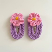Rug Muse El Örgüsü Kız Çocuk Çıtçıt Toka Seti - Pinky Violet - Pembe Çiçekli - Mor (2'li Paket)