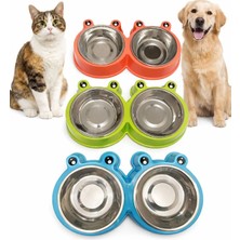 PatiCool Kurbağa Tasarımlı Çift Hazneli Kedi ve Köpek Mama Kabı, Paslanmaz Çelik Iç Hazneli, Kaymaz Taban