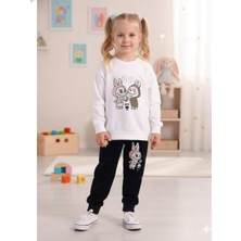 Kidello Ekru Kadife Kız Çocuk Eşofman Takımı Little Monster Baskılı 3-4 ve 7-8 Yaş | Yumuşak & Şık