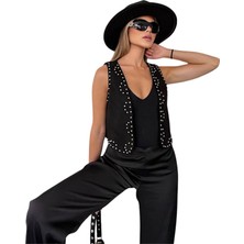 Kechi Woman Süet Kumaş Çakım Taşlı Siyah Renk Yelek