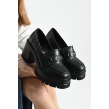 Dabab Shoes Chonora Kadın Siyah Cilt Zincir Detaylı Yüksek Taban 9 cm Kalın Topuklu Loafer Ayakkabı