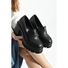Dabab Shoes Loftia Kadın Siyah Cilt Chunky Yüksek Taban 9 cm Kalın Topuklu Loafer Ayakkabı