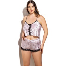 Red Womans Öpücük Desenli Fantezi Büyük Beden Şortlu Saten Takım