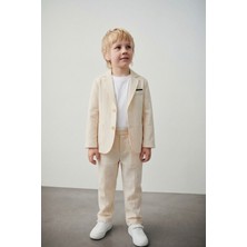 Magu Erkek Çocuk Ekru Çizgili Blazer Ceket Pantolon ve T Shirt Takım