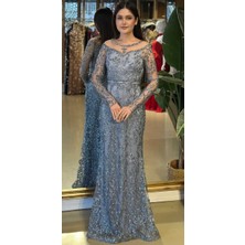 Abiyeniall Gri Yuvarlak Yaka Uzun Kollu Düz Kesim Simli Uzun Abiye Elbise 11030-02