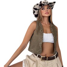 Kechi Woman Süet Kumaş Çakım Taşlı Haki Renk Yelek