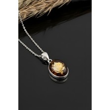 Takıdepo Damla Kehribar Içine Gül Oyma El Işi Gümüş Kolye Gümüş Rengi