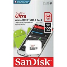 Sandisk Ultra 64GB microSDXC Hafıza Kartı UHS-I 100MB/S Hız Sınıf 10 Android Uyumlu