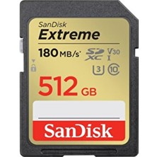 Sandisk Extreme 512GB SDXC Hafıza Kartı 180MB/s UHS-I Class 10 4K Video Desteği ile