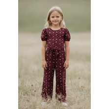 Lupinn Kız Çocuk Kahverengi Fırfır Kollu Kuşaklı Çiçek Desenli Tulum - Kız Çocuk Tulum