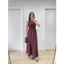 Mevese Kolsuz Göğüs Lastıklı %100 Poplin Uzun Elbise - Bordo -